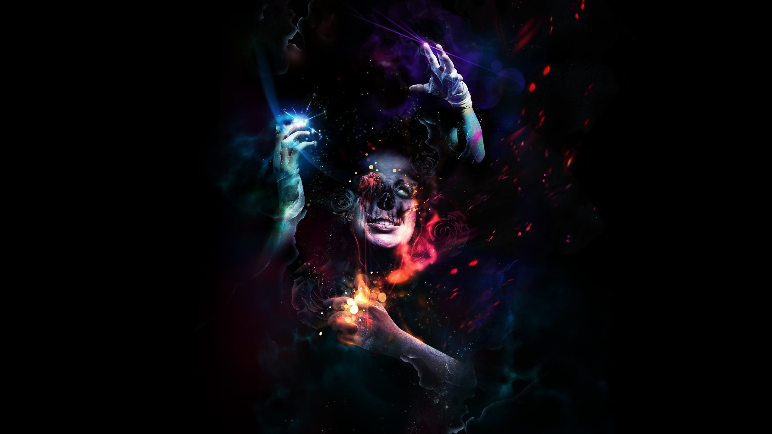 woman with three hands illustration with cosmic background