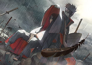 Hitachi illustration, Naruto Shippuuden, Uchiha Itachi, rain, Hoshigaki Kisame