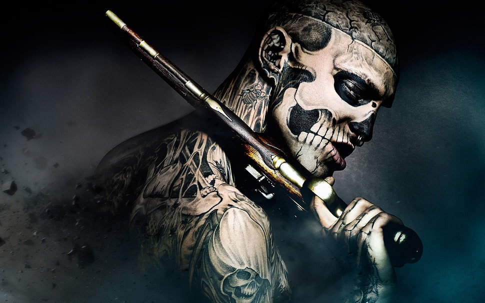 illustration of tattooed man holding flintlock pistol HD wallpaper