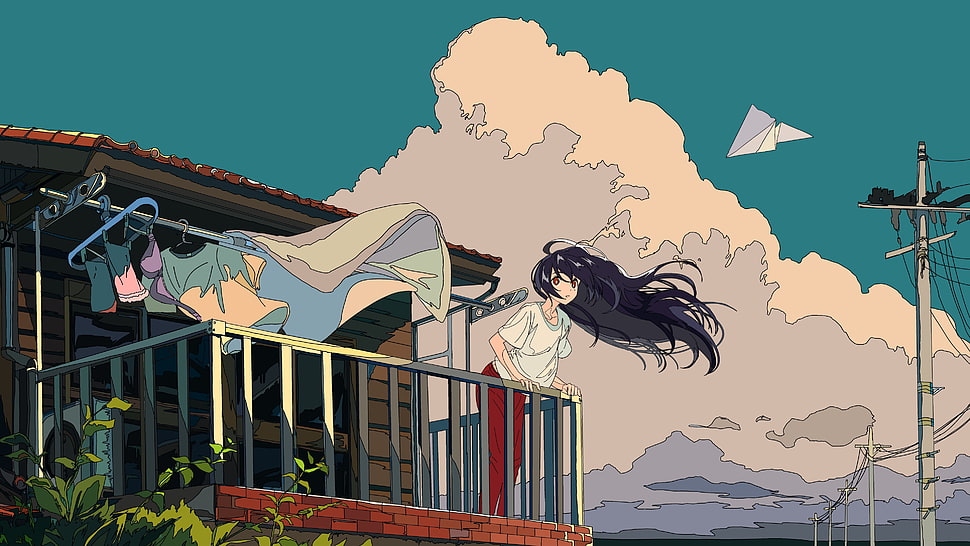 gray haired female anime character, clouds, sky, cloth, building HD wallpaper
