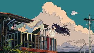 gray haired female anime character, clouds, sky, cloth, building
