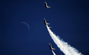 three jet planes, airplane, General Dynamics F-16 Fighting Falcon, contrails, military aircraft