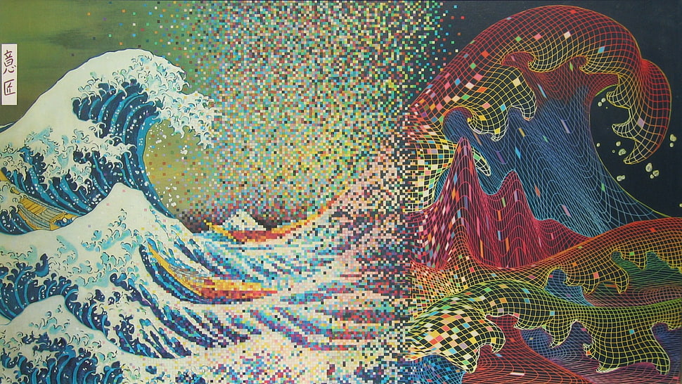 ocean waves illustration, Wave of the Future, digital art, pixel art, waves HD wallpaper