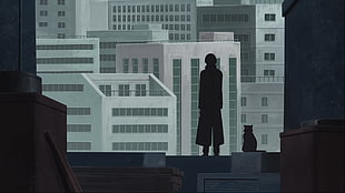silhouette of person standing on building beside cat, Darker than Black, Mao, Hei, anime