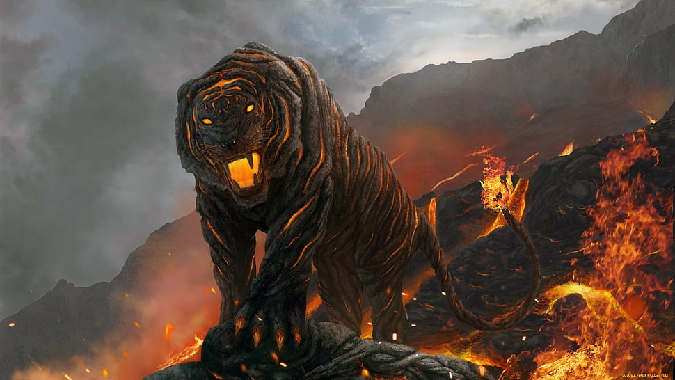 tiger and lava illustration HD wallpaper