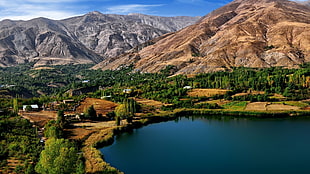 aerial photography of lake surrounded by trees near mountains