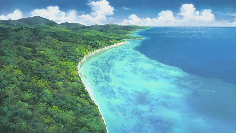 green island, anime, landscape, beach, artwork HD wallpaper