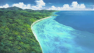 green island, anime, landscape, beach, artwork