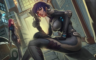 female armored character sitting near woman holding gun game graphic