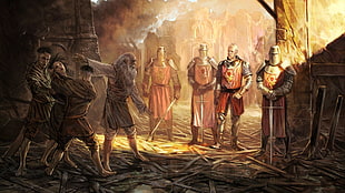 knights standing near building painting, The Witcher, fantasy art, video games, artwork