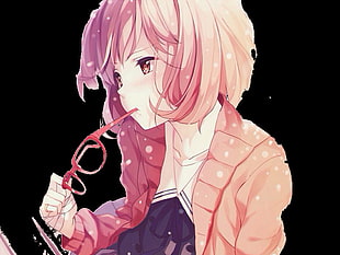 Beyond The Horizon pink haired anime character biting eyeglasses temple HD wallpaper
