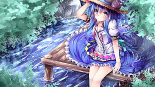 female anime character illustration, anime, dress, purple eyes, water HD wallpaper