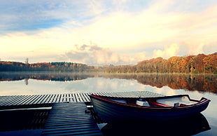 red and black clinker boat, lake, nature, forest, boat