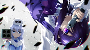 female anime character wearing white and purple top