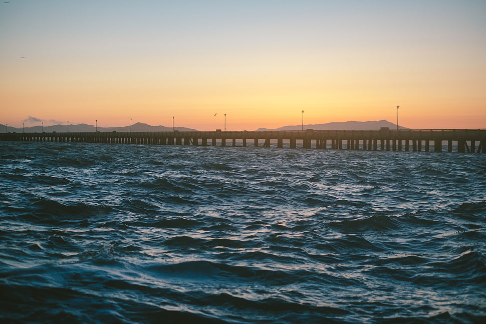 gray concrete bridge, Pier, Sea, Waves HD wallpaper