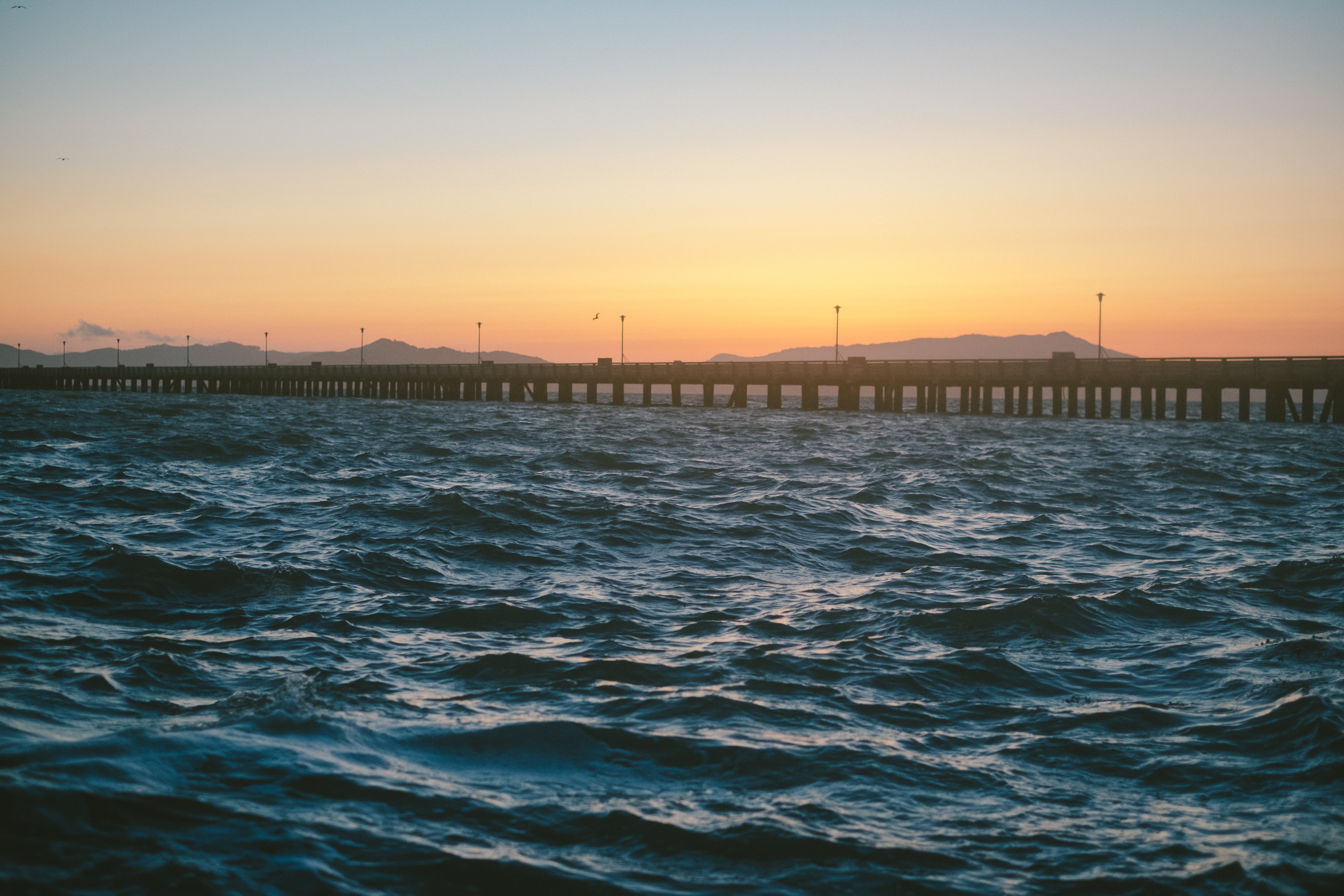 gray concrete bridge, Pier, Sea, Waves