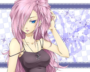 female character with purple hair holding her hair digital wallpaper