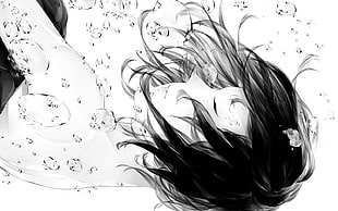 female anime character wallpaper, black hair, underwater, bubbles, monochrome