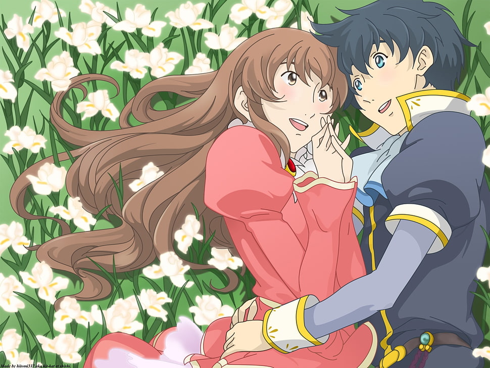 couple anime character lying on flower field HD wallpaper