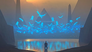 man kneeling on water near pyramids with flock of blue birds artwork, lake, cranes (bird), pyramid, fantasy art