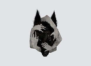 black and grey wolf and hand logo