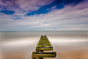 mossed dock white body of water while clouds on speed motion photography
