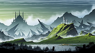 illustration of mountain, artwork, illustration, mountains, fantasy art HD wallpaper