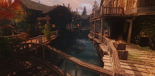 brown wooden dock, The Elder Scrolls V: Skyrim, Riften, fantasy city, The Elder Scrolls HD wallpaper