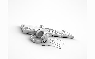 two white DJ boards and headphones, white background, technology, minimalism, headphones HD wallpaper