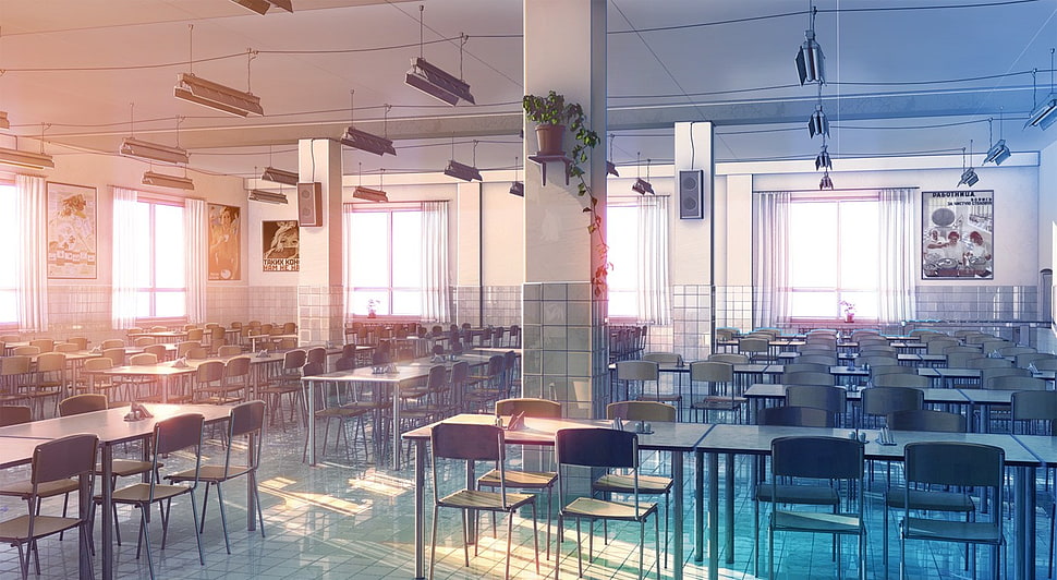 rectangular brown wooden table with six chairs dining set, drawing, cafeteria , interior, ArseniXC HD wallpaper