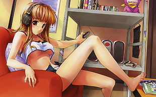 digital painting of female wearing crop-top with headphones, ecchi, anime girls, headphones, anime