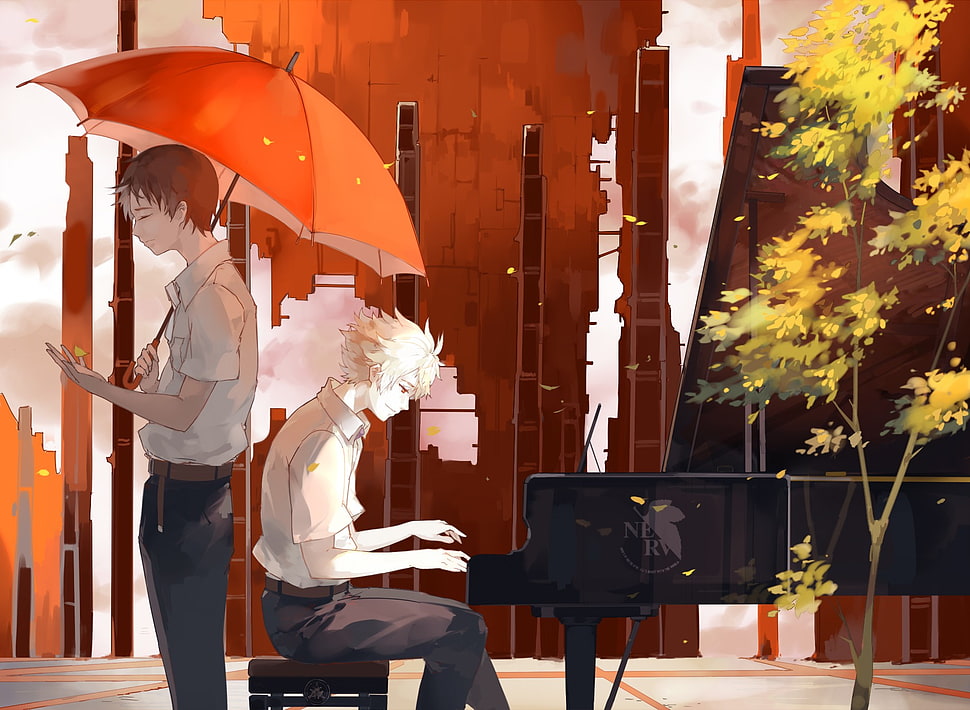 male anime character playing piano illustration, umbrella, Neon Genesis Evangelion, piano, Ikari Shinji HD wallpaper