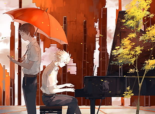 male anime character playing piano illustration, umbrella, Neon Genesis Evangelion, piano, Ikari Shinji HD wallpaper