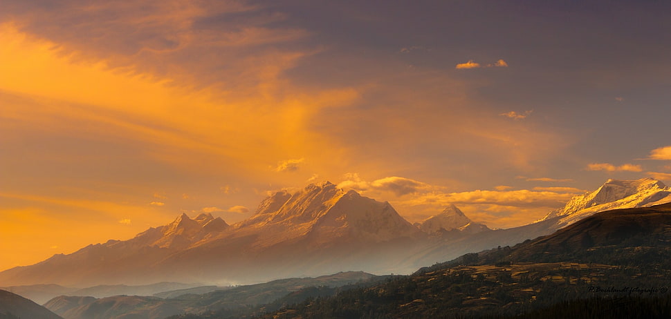mountain and forest illustration, clouds, mountains HD wallpaper