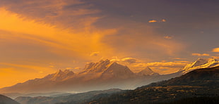 mountain and forest illustration, clouds, mountains