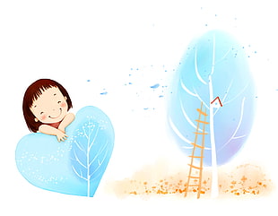 girl leaning on blue heart leaf illustration HD wallpaper