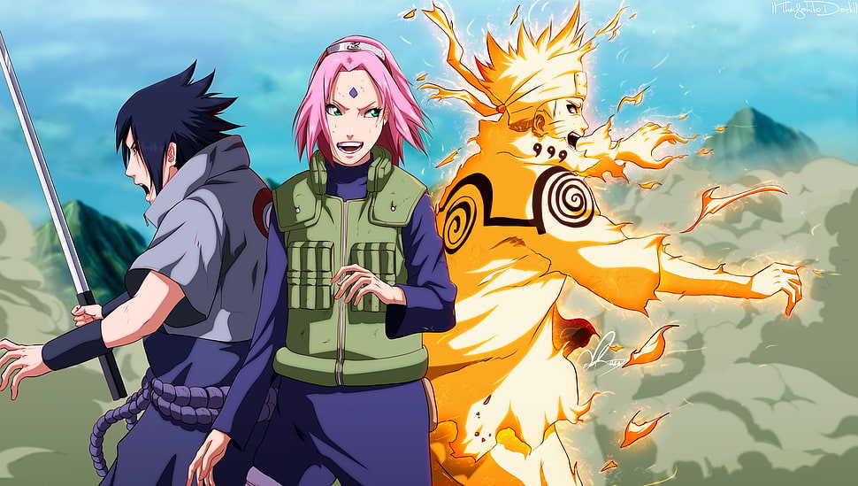Naruto, Sakura, and Sasuke illustration HD wallpaper