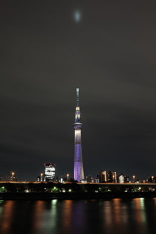 photo of purple and gray tower under cloudy sky