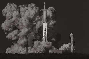 grayscale photo of spaceship, Launch, monochrome, artwork, rocket