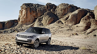 silver Land Rover Range Rover SUV, Range Rover, rock, car, silver cars HD wallpaper