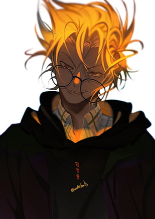 male yellow hair wearing eyeglasses and black hoodie anime character, Kekkai Sensen, William Macbeth