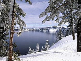 landscape photography of lake surrounded by snow-covered landscape under clear sky during daytime