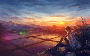 man wearing white hoodie looking at farm field anime illustration, sunset, rice paddy, artwork, lens flare HD wallpaper
