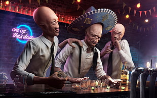 three men drinking illustration, science fiction, aliens, bar, hat