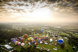 assorted hot air balloon lot on green grassfield photo during day time HD wallpaper