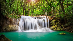 time-lapse photo of waterfall, fall, trees, nature, pond
