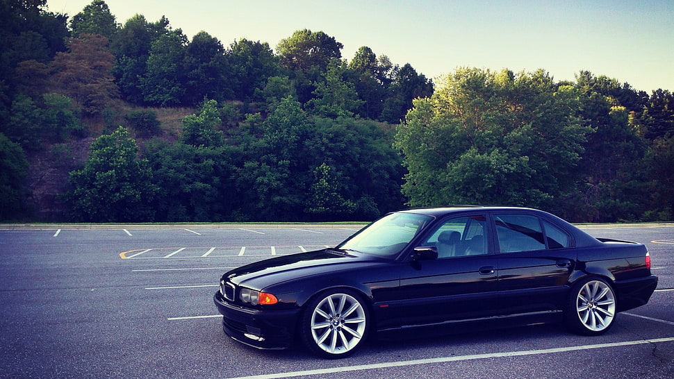 black BMW sedan on road during daytime HD wallpaper