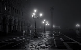 black street lights, night, Venice, Italy, Europe