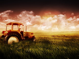 orange tractor, tractors, digital art, field, sky