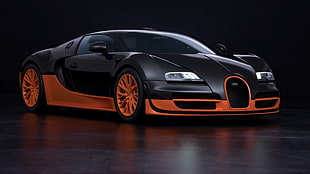 black and red coupe die-cast model, Bugatti Veyron Super Sport, car, orange